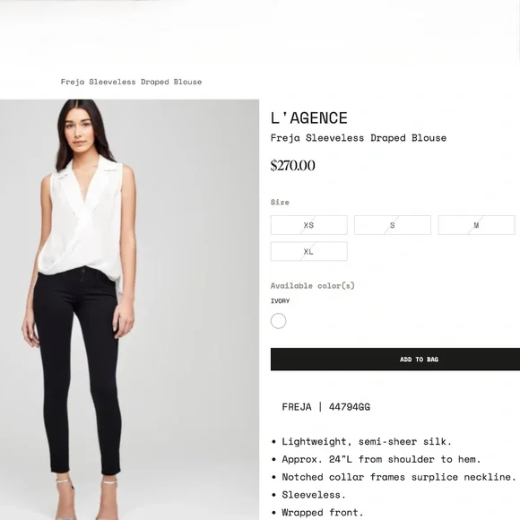 L'AGENCE Freja Ivory White Sleeveless Draped Silk Blouse Size L NWT